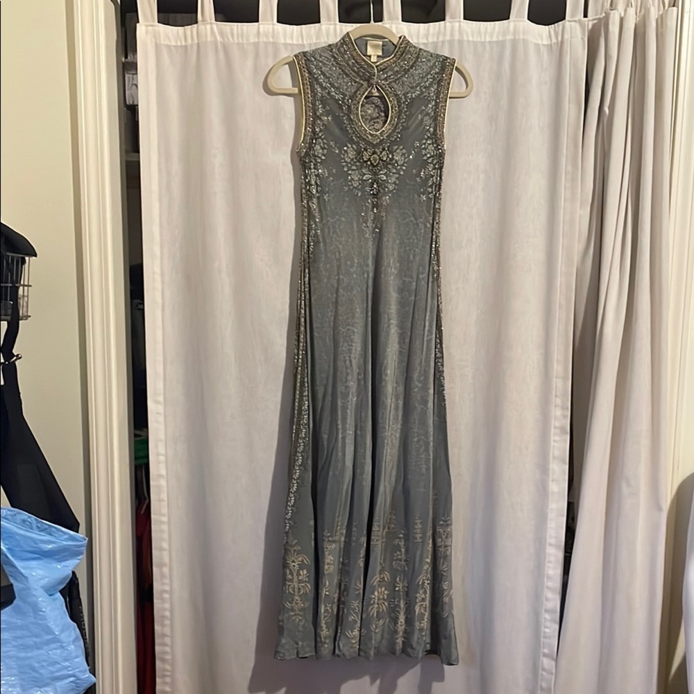 Nirraamyaa designer Indian gown - small - teal crepe w Swarovski crystals